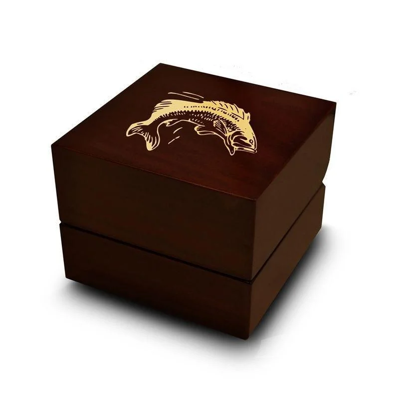 designer engagement rings-Bass Fish Sea Jumping Print Engraved Chocolate Dark Wood Personalized Wooden Wedding Ring Box