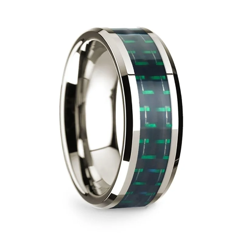 luxurious engagement rings-14k White Gold Polished Beveled Edges Wedding Ring with Black and Green Carbon Fiber Inlay - 8 mm