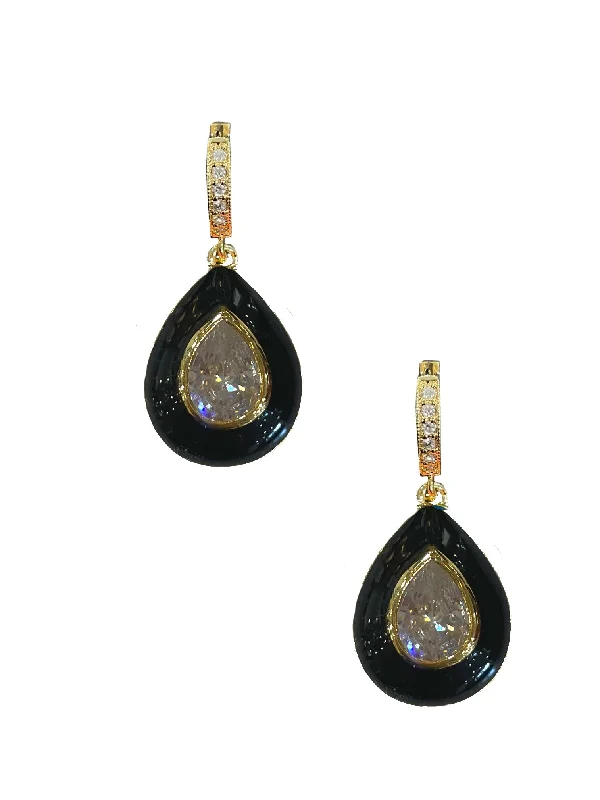 women's large hoop earrings-Black Enamel Bezel Teardrop Huggies