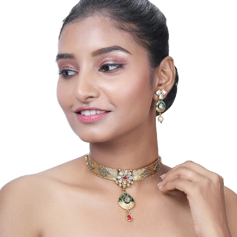 women's birthstone necklaces-Asmitta Gold Plated Kundan Choker Necklace Set