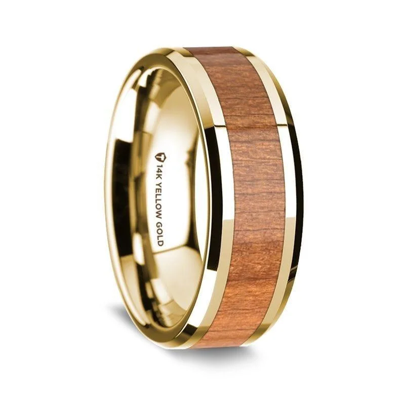 unique gemstone engagement rings-14K Yellow Gold Polished Beveled Edges Wedding Ring with Sapele Wood Inlay - 8 mm