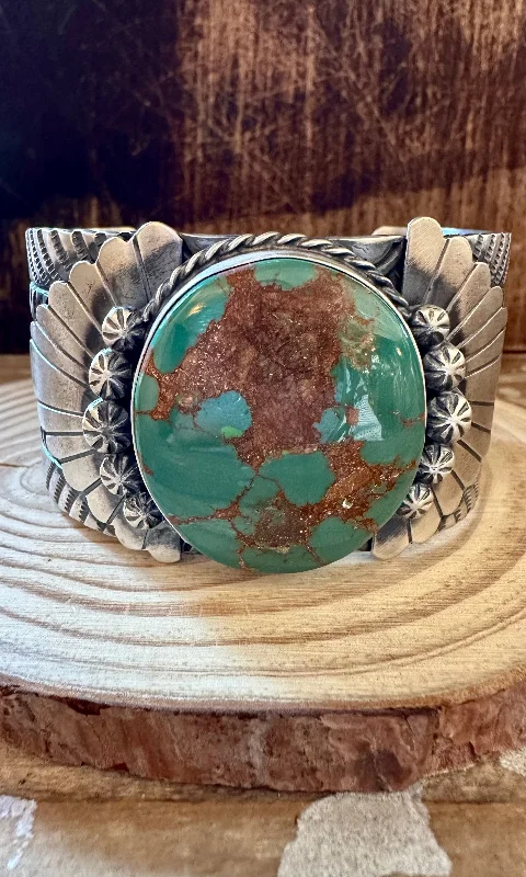 women's diamond bangle bracelets-RICK ENRIQUEZ NAVAJO Royston Turquoise Sterling Silver Cuff 118g