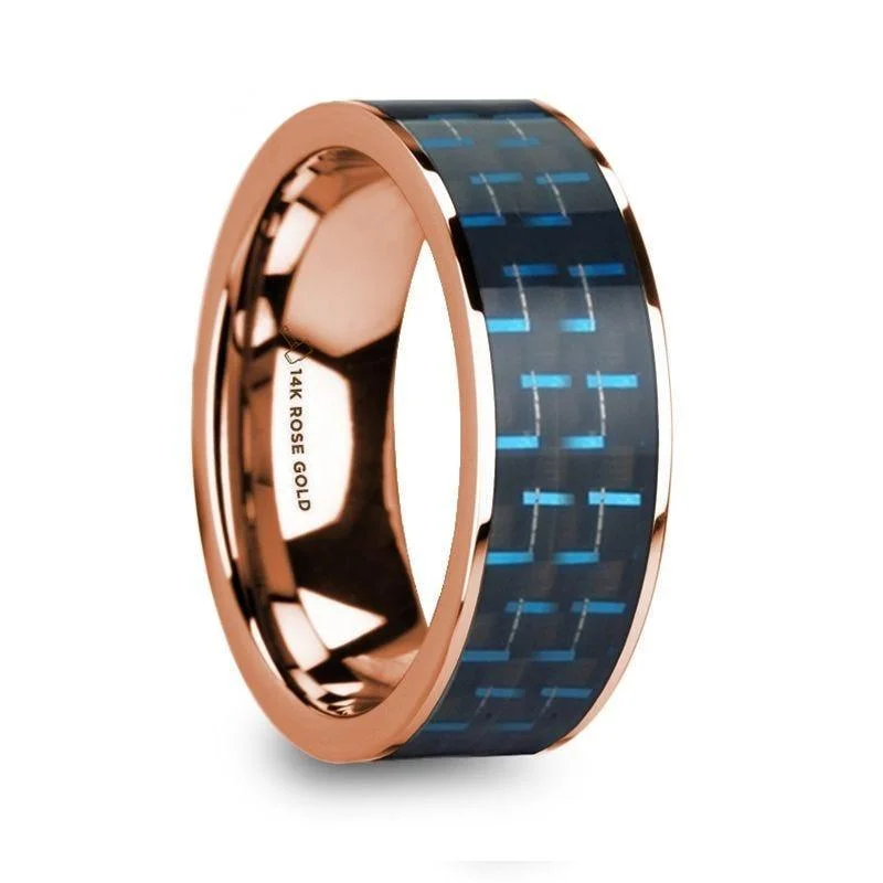 engagement rings with intricate designs-LUCIAN Polished 14k Rose Gold & Black/Blue Carbon Fiber Inlaid Flat Wedding Ring - 8mm