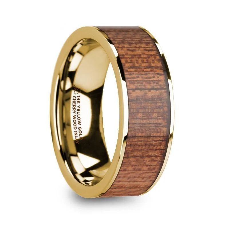 unique diamond engagement rings-VASILIOS Cherry Wood Inlaid Polished 14k Yellow Gold Men’s Flat Wedding Ring - 8mm