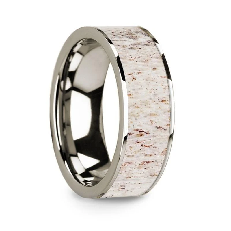 rose gold engagement rings-Flat Polished 14k White Gold Wedding Ring with White Deer Antler Inlay - 8 mm