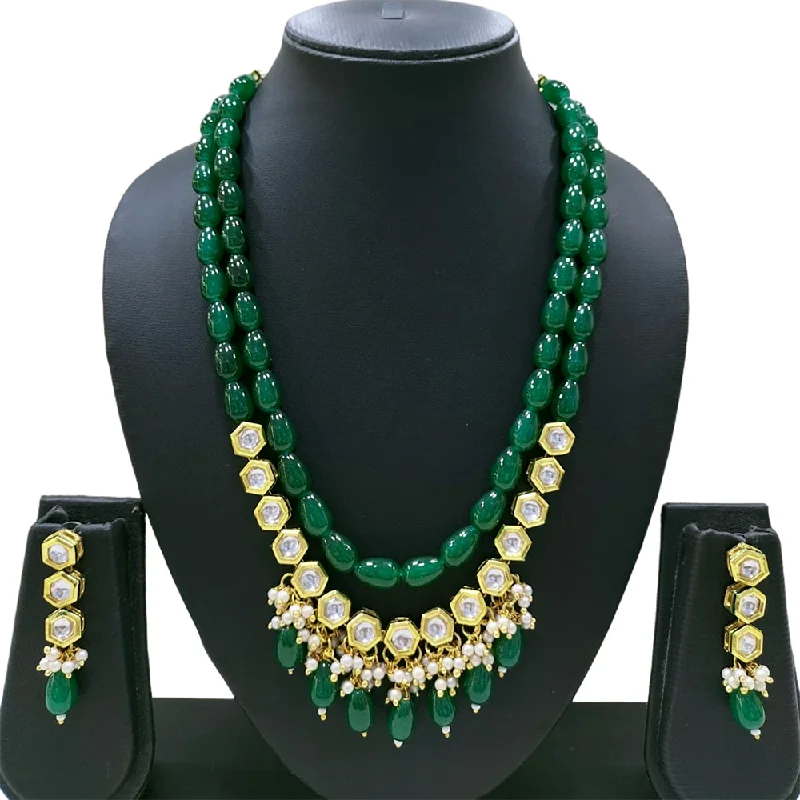 women's opal necklaces-Gehana Mahal Gold Plated Kundan And Beads Multi Layer Necklace Set