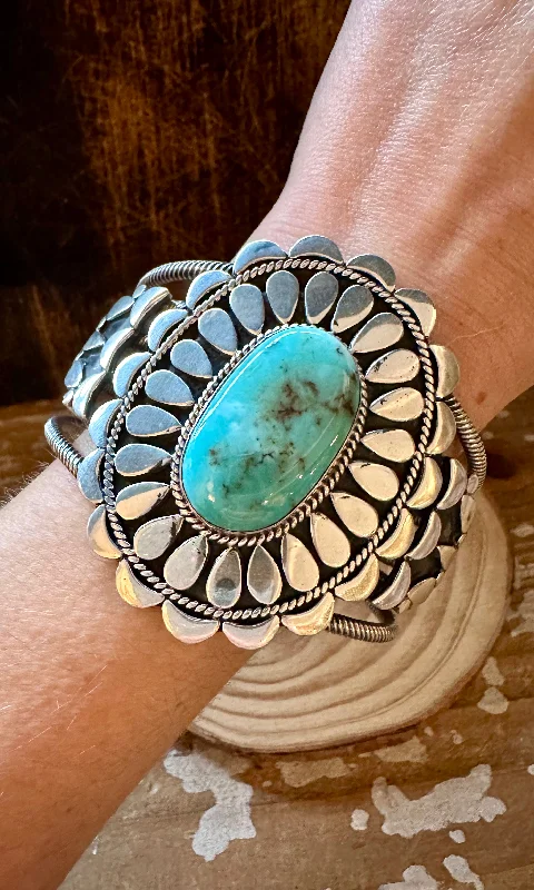 women's personalized bangles-L. JAMES S/S Navajo Turquoise Sterling Silver Cuff 108g