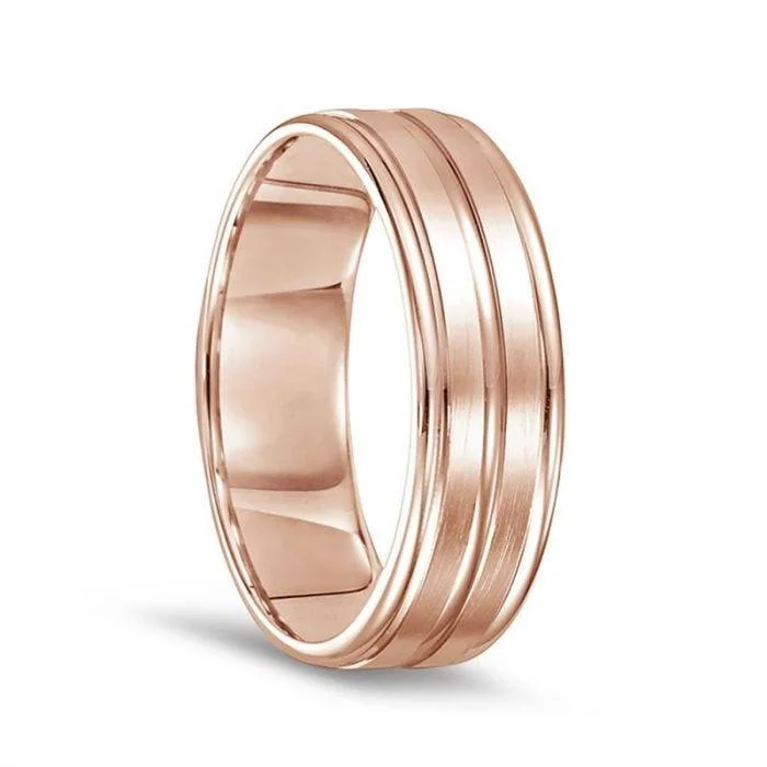 modern engagement rings-14k Rose Gold Brushed Finished Polished Grooved Wedding Ring with Round Edges - 7mm