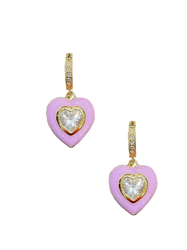 women's luxury gold earrings-Purple Enamel Bezel Heart Huggies