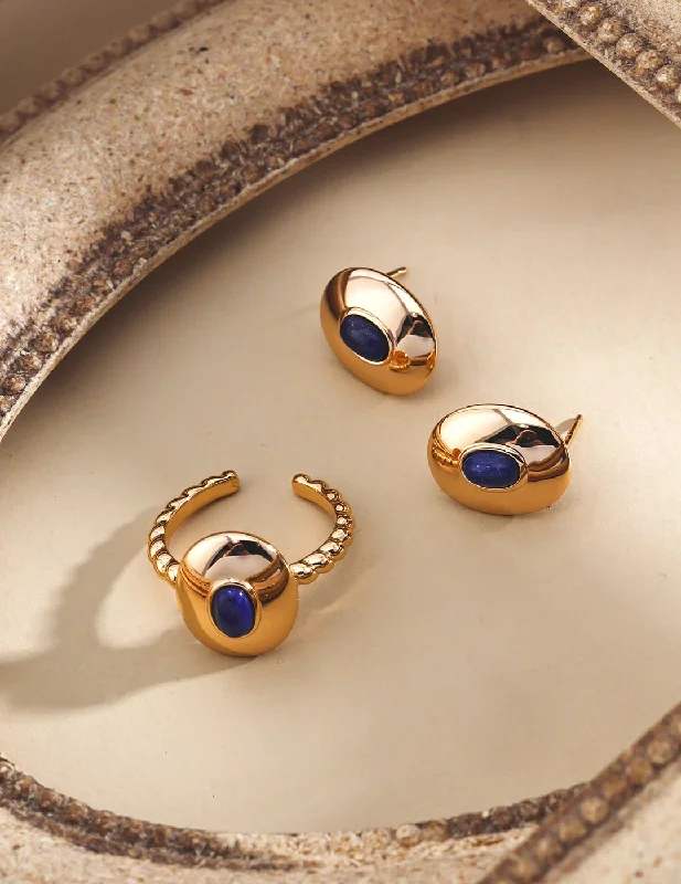 women's gold rings-Oval Glossy Lapis Lazuli Ring