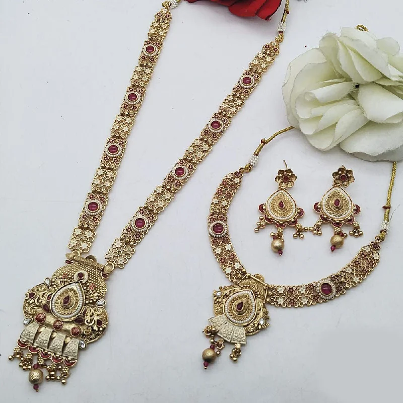 women's sapphire necklaces-FS Collection Gold Plated Pota Stone Double Meenakari Necklace Set