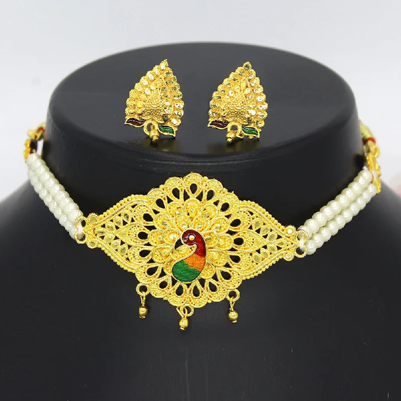 women's chain necklaces-Mahavir Dye Gold Pearl Peacock Choker Necklace Set