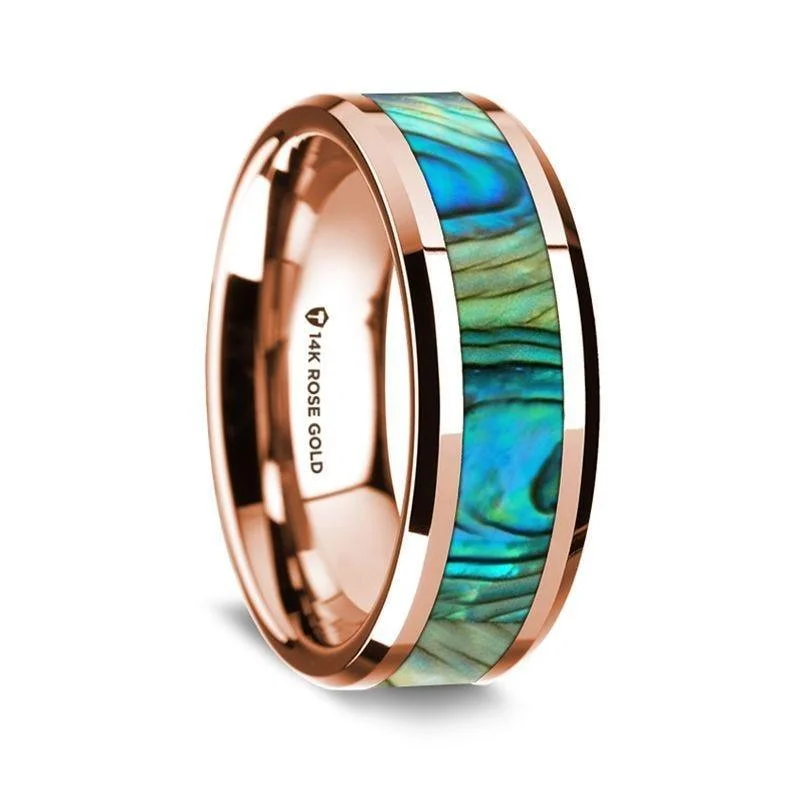 colorful engagement rings-14K Rose Gold Polished Beveled Edges Wedding Ring with Mother of Pearl Inlay - 8 mm