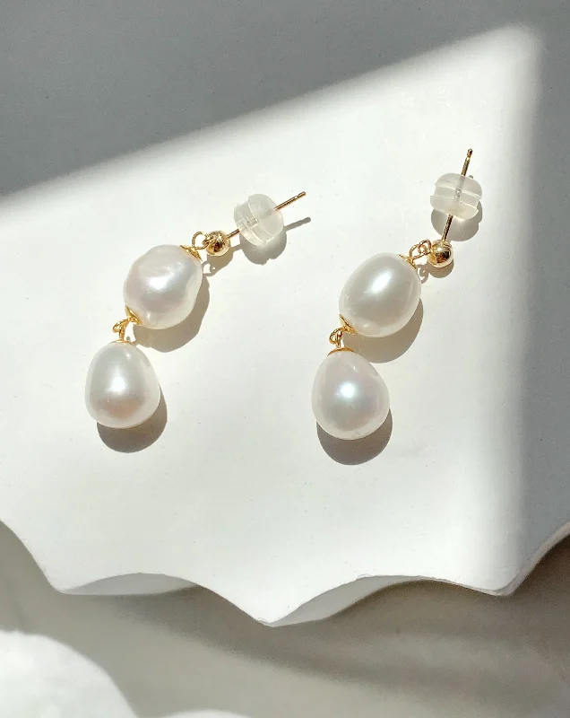 women's large stud earrings-Elisse Double Drop Pearl Studs | Solid Gold