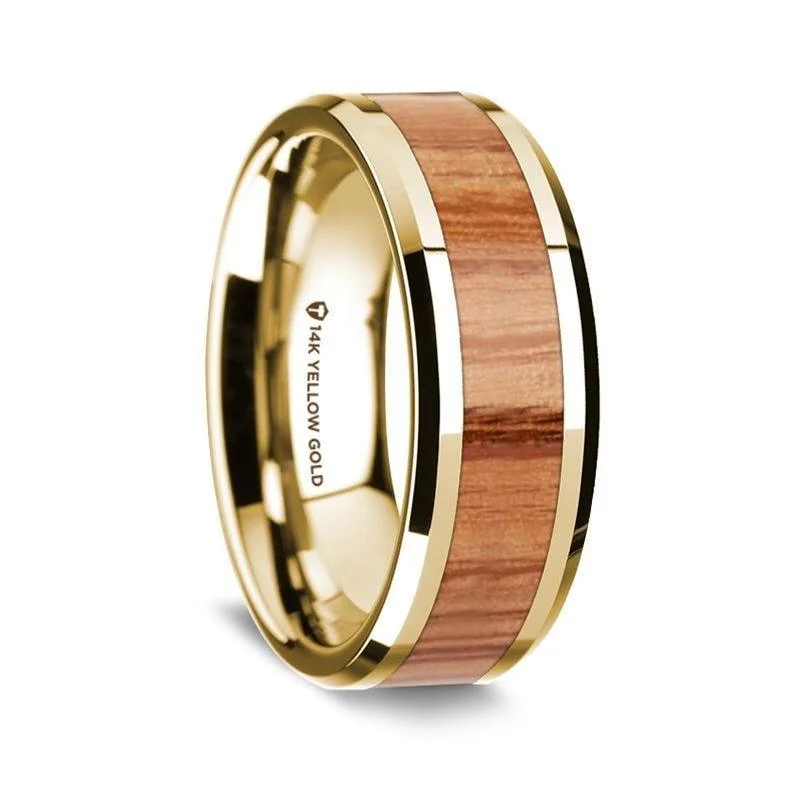 custom halo engagement rings-14K Yellow Gold Polished Beveled Edges Wedding Ring with Red Oak Wood Inlay - 8 mm