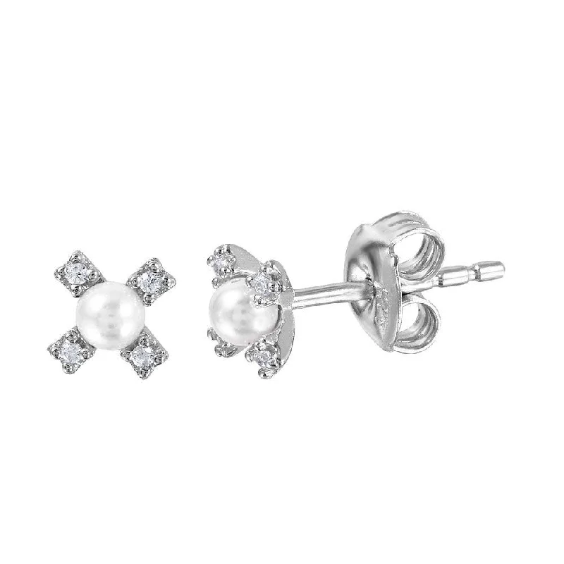 women's opulent earrings-Silver 925 Rhodium Plated CZ Flower Studs with Synthetic Pearl - GME00035RH-WHITE