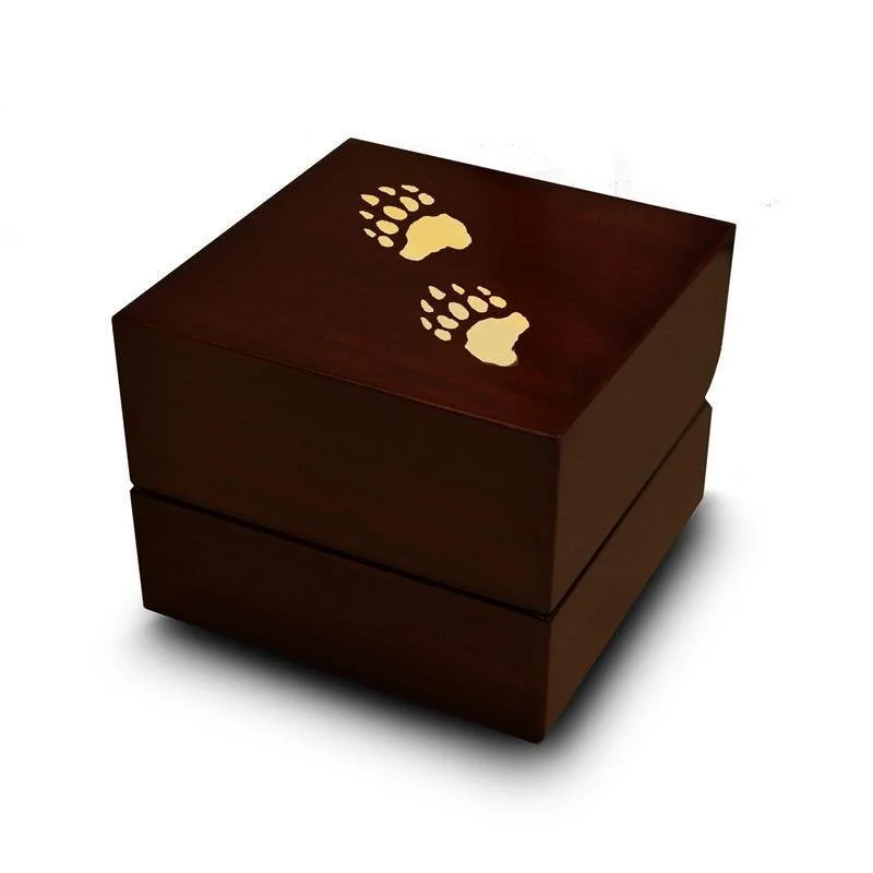 handmade engagement rings-Bear Paw Tracks Engraved Chocolate Dark Wood Personalized Wooden Wedding Ring Box