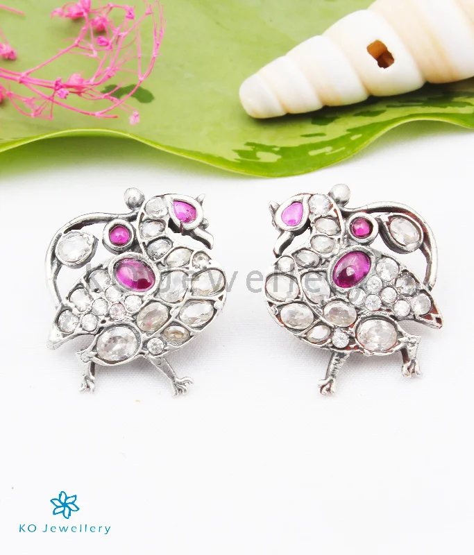 women's sapphire earrings-The Shreya Silver Peacock Earstuds(White/Red)