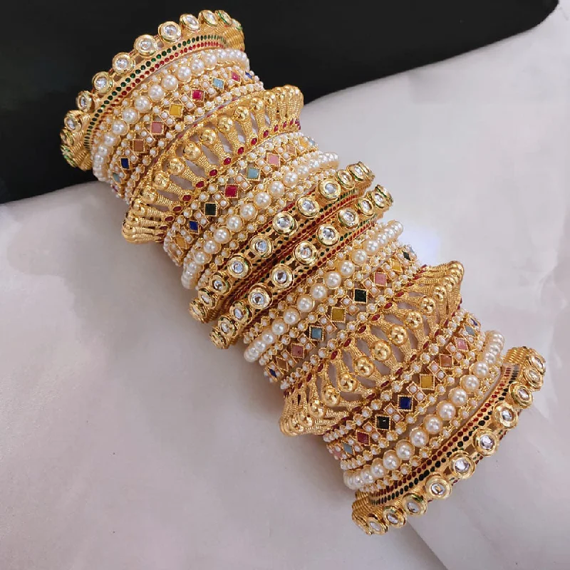 women's crystal-studded bracelets-Akruti Collection Gold Plated Kundan Stone And Crystal Stone Pearls Bangles Set