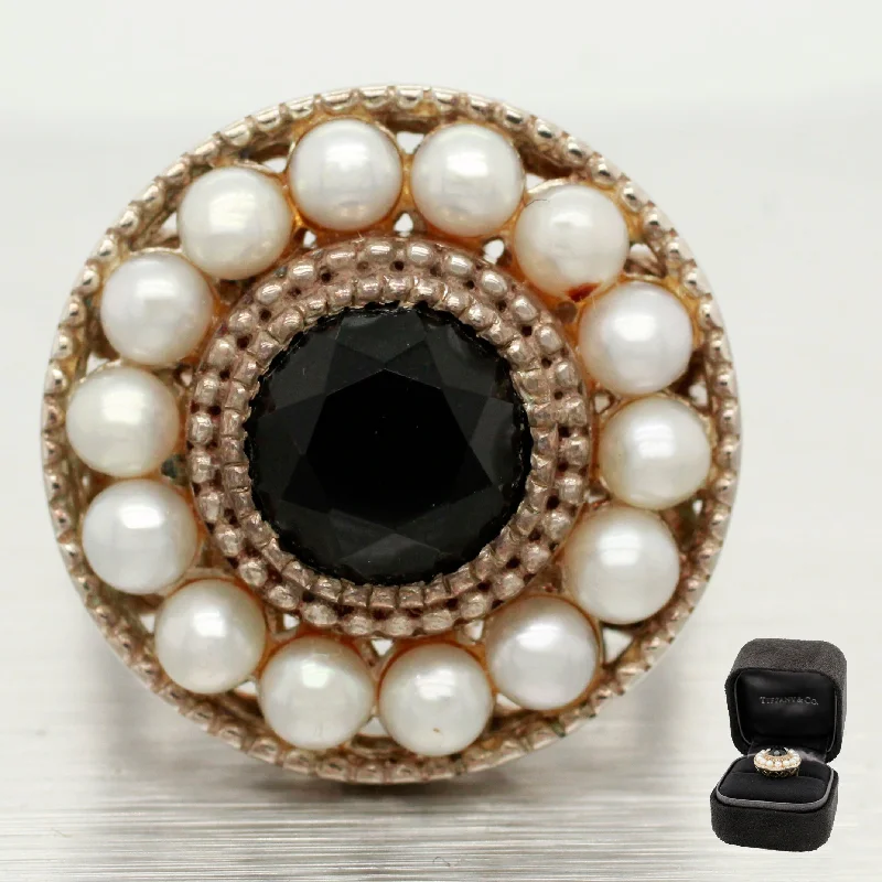 women's unique gemstone rings-Tiffany & Co. Onyx & Pearl Halo Cocktail Ring - Ziegfield 925 Sterling Siver