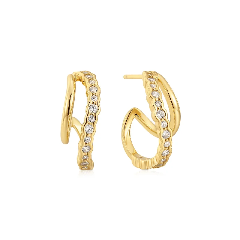 women's statement crystal earrings-Gold Plated Wavy Double CZ Hoops