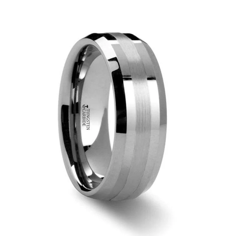 bridal rings with engagement stones-HALSTEN Platinum Inlaid Beveled Tungsten Carbide Wedding Ring - 6mm & 8mm