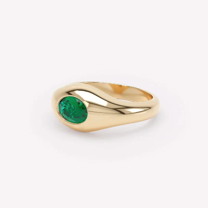 women's custom rings-Curve Signet 18K Gold Ring w. Emerald