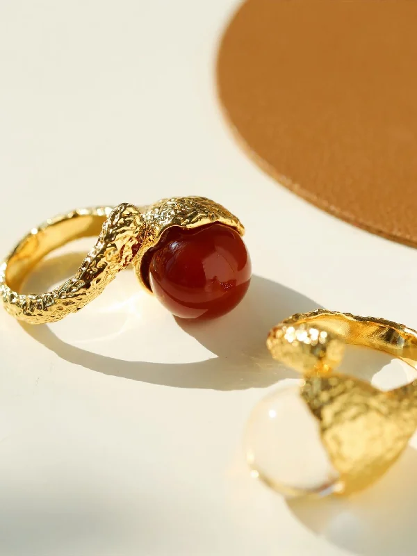 women's gemstone cocktail rings-Vintage Floral Orb White Crystal and Red  Agate Rings