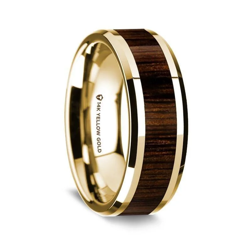 engagement rings with intricate designs-14K Yellow Gold Polished Beveled Edges Wedding Ring with Black Walnut Wood Inlay - 8 mm