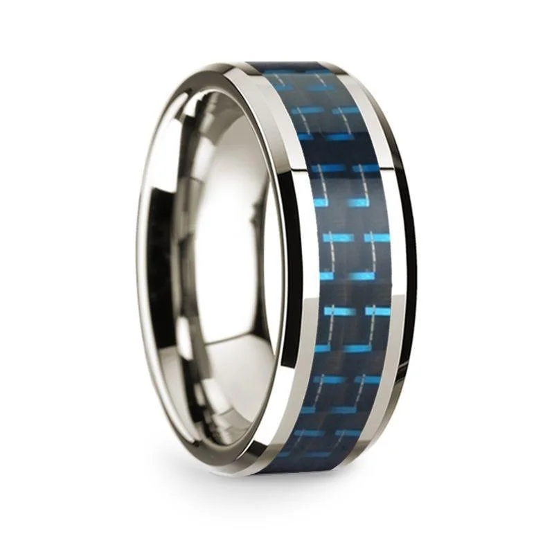 custom solitaire engagement rings-14k White Gold Polished Beveled Edges Wedding Ring with Black and Blue Carbon Fiber Inlay - 8 mm