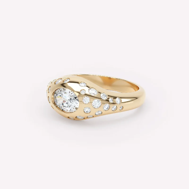 women's gold rings-Curve Scattered Signet 18K Gold Ring w. Diamonds