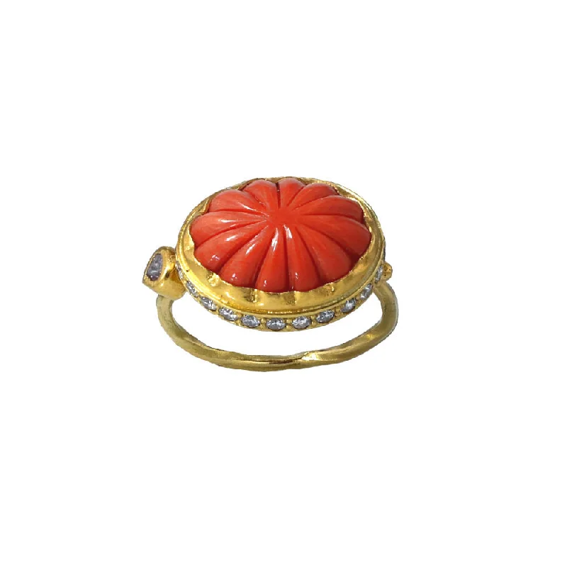 women's thin rings-Cocktail 18K & 22K Gold Ring w. Diamonds & Coral