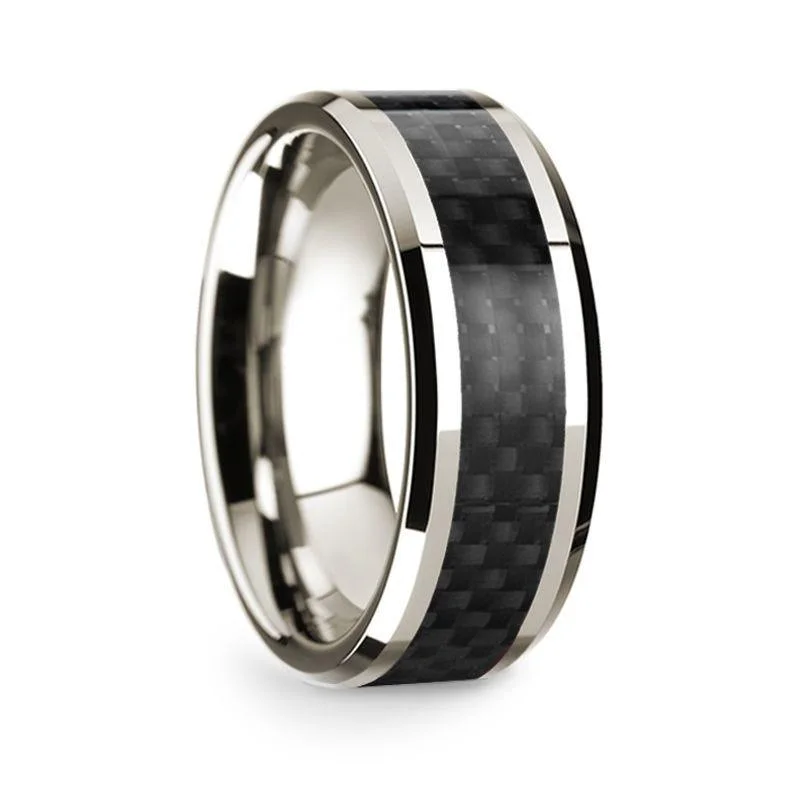 engagement rings with matching bands-14k White Gold Polished Beveled Edges Wedding Ring with Black Carbon Fiber Inlay - 8 mm