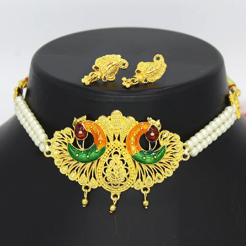 women's pearl necklaces-Mahavir Dye Gold Pearl Peacock Choker Necklace Set