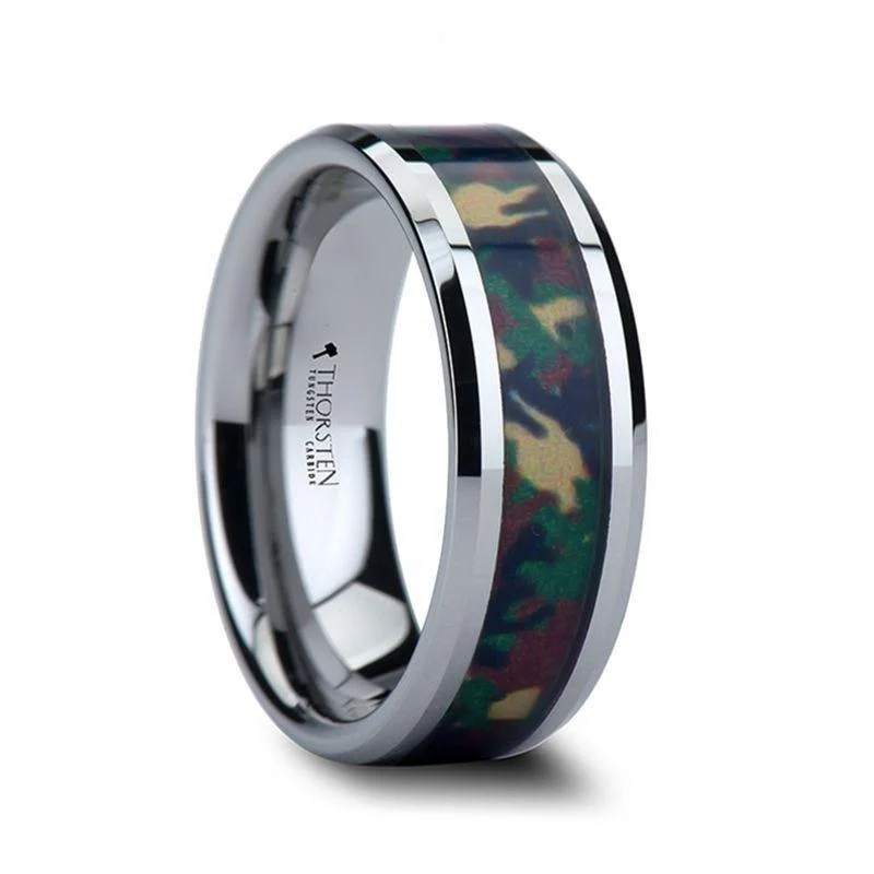 sapphire and diamond engagement rings-COMMANDO Tungsten Wedding Ring with Military Style Jungle Camouflage Inlay - 6mm - 10 mm