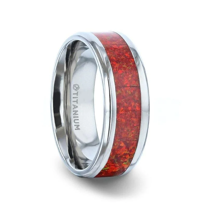 engagement rings with rubies-CASSIOPEIA Titanium Men 's Wedding Ring With Beveled Edges And Red Opal Inlay - 8mm