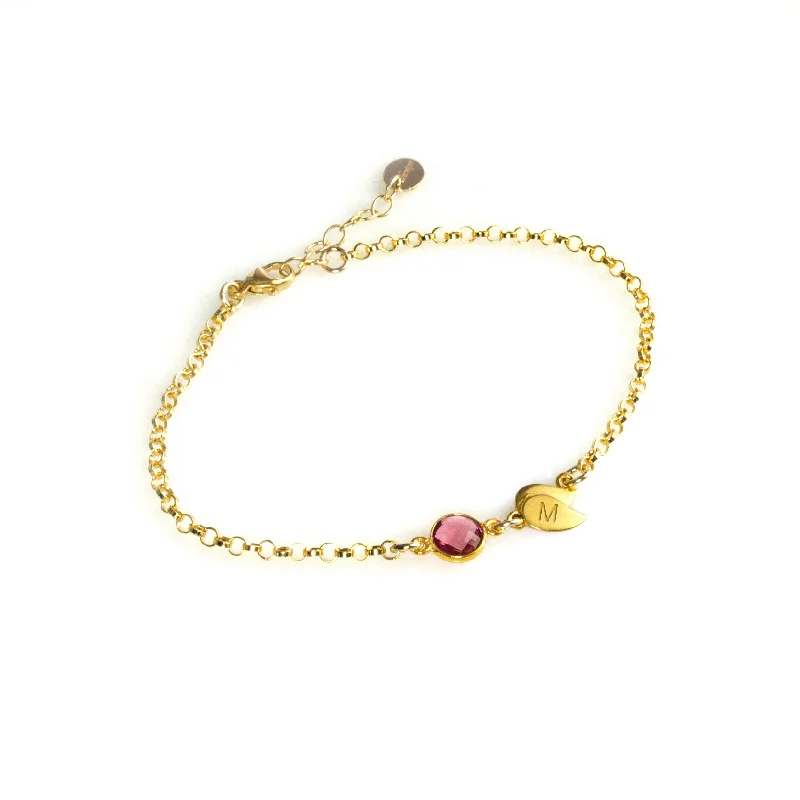 women's minimalist bracelets-Personalized Initial & Birthstone Bracelet with Leaf Charm