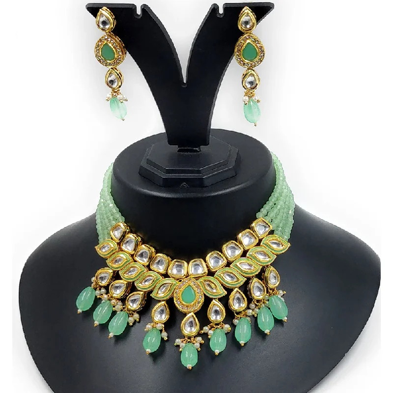 women's vintage necklaces-Gehana Mahal Gold Plated Kundan And Beads Necklace Set