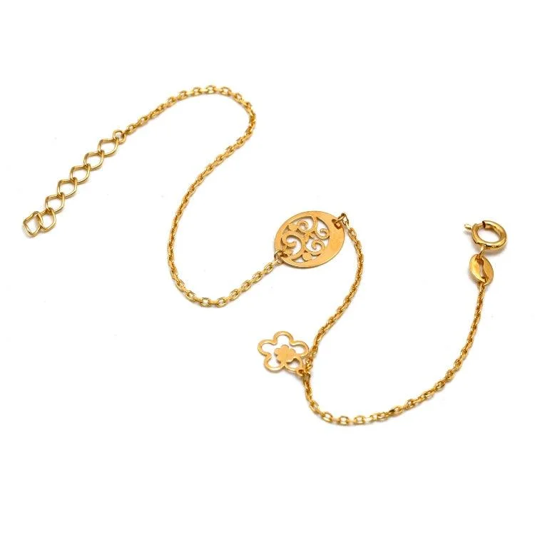 women's sustainable bracelets-Real Gold Oval Flower with Dangler Flower Bracelet, Adjustable Size - Model 0696 BR16935