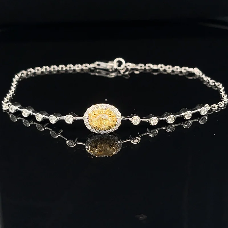 women's stackable bracelets-Fancy Yellow & White Diamond 0.74ctw Bezel Tennis Bracelet in 18k Two-Tone Gold - #379 - BRDIA090755