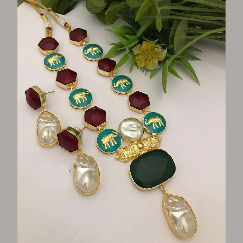 women's aquamarine necklaces-FS Collection Gold Plated Mother Of Pearls Elephant Style Necklace Set