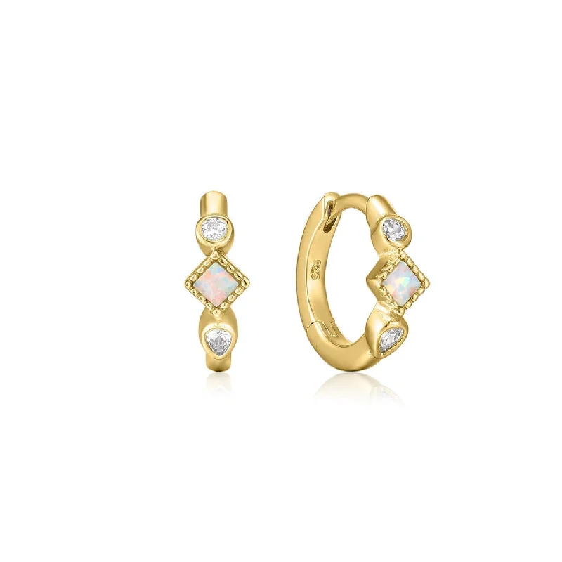 women's luxury gold earrings-Gold Plated Opal & CZ Stone Huggie Hoops