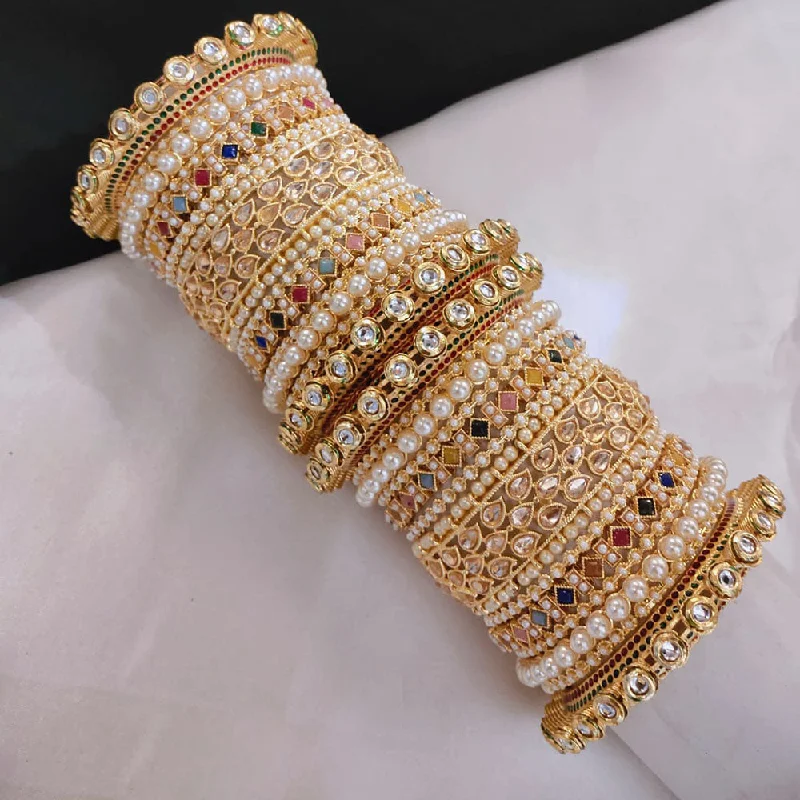 women's unique bangle bracelets-Akruti Collection Gold Plated Kundan Stone And Crystal Stone Pearls Bangles Set