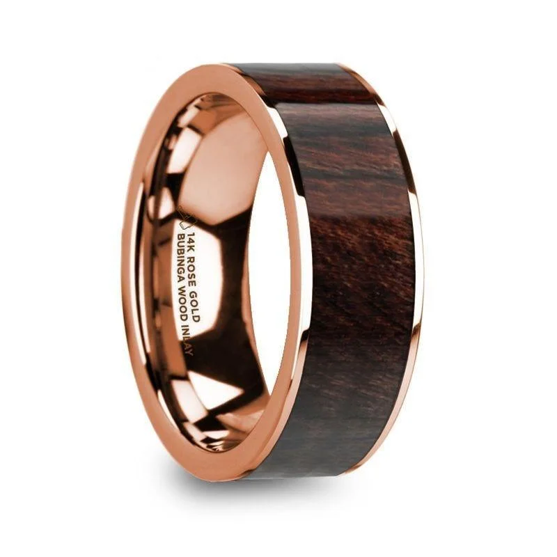 simple engagement rings-SOTERIOS 14K Rose Gold Men’s Flat Wedding Ring with Bubinga Wood Inlay - 8mm