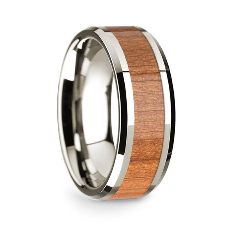 engagement rings with oval diamonds-14k White Gold Polished Beveled Edges Wedding Ring with Sapele Inlay - 8 mm