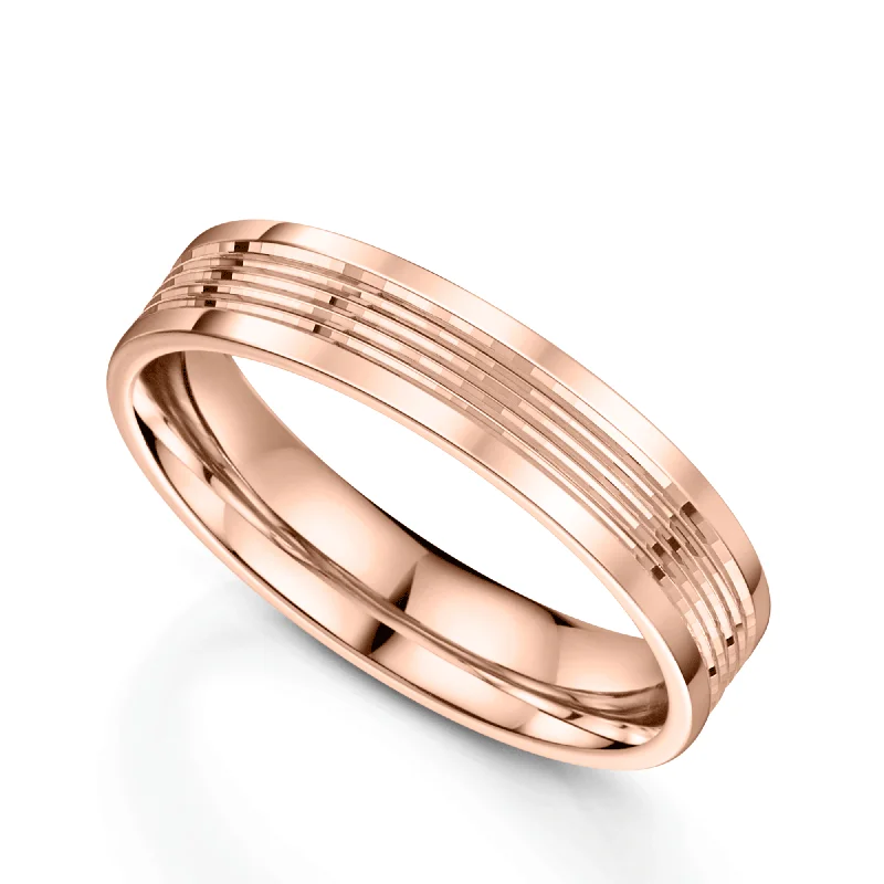 engagement rings with platinum bands-18ct Rose Gold Flat Court Lined Detail Wedding Ring