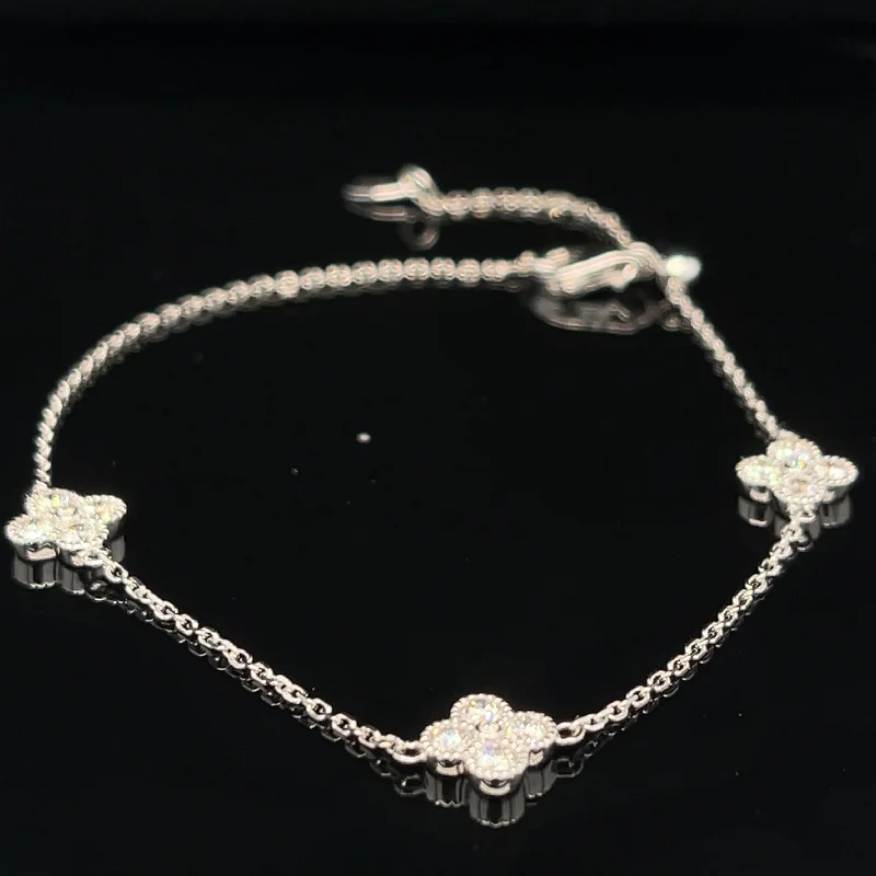 women's dainty bracelets-Diamond 0.62ctw Floral Cluster Tennis Bracelet in 18k White Gold - #377 BRDIA090485