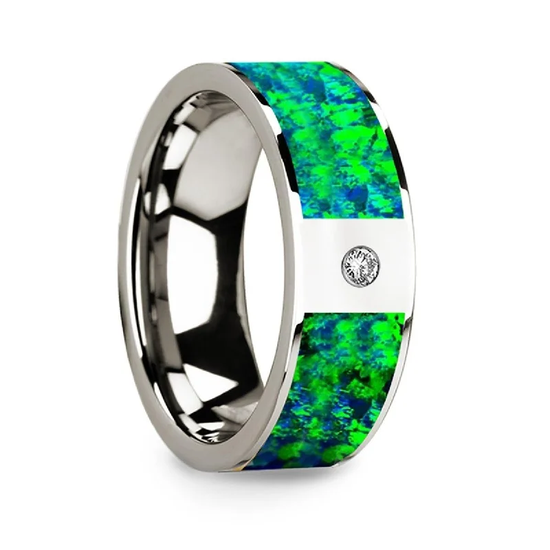 elegant engagement rings for brides-Men’s Polished 14k White Gold & Green/Blue Opal Inlay Wedding Ring with Diamond - 8mm