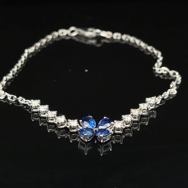 women's luxury bracelets-Blue Sapphire & Diamond Floral Station Bracelet in 18k White Gold - #493 - BRSAP022107