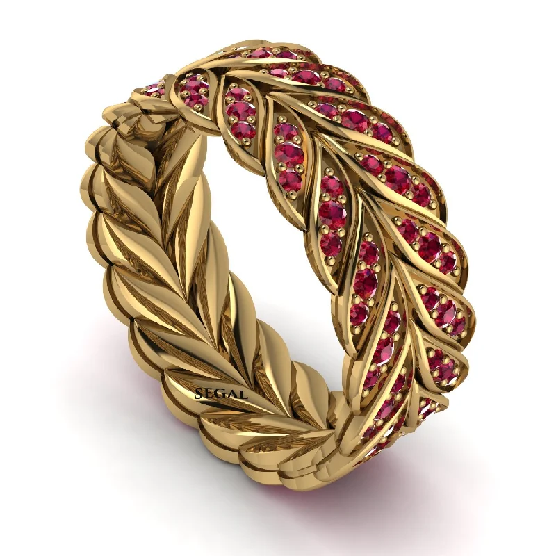 engagement rings with wedding bands-Ruby Eternity Leaf Gold Wedding Ring - Kara No. 10